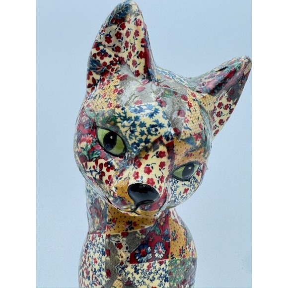 Vintage Cat Ceramic decoupaged patchwork Quilt & Floral Tall Granny Core 14" - Picture 2 of 9
